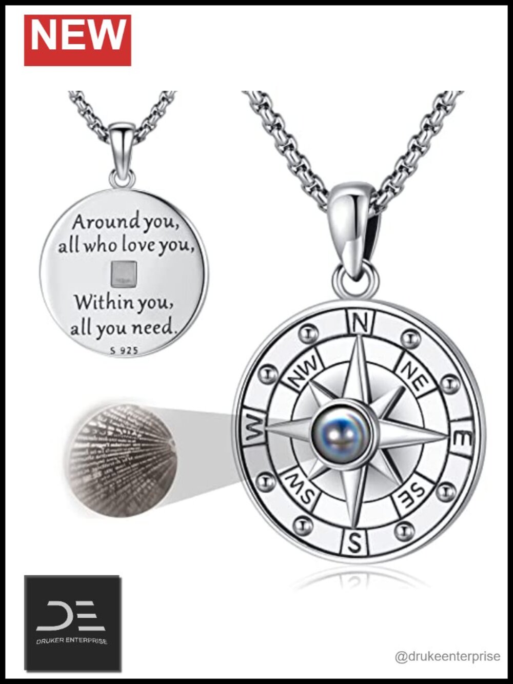 925 Sterling Silver Compass Pendant Necklace for Women Men Ashes Locket